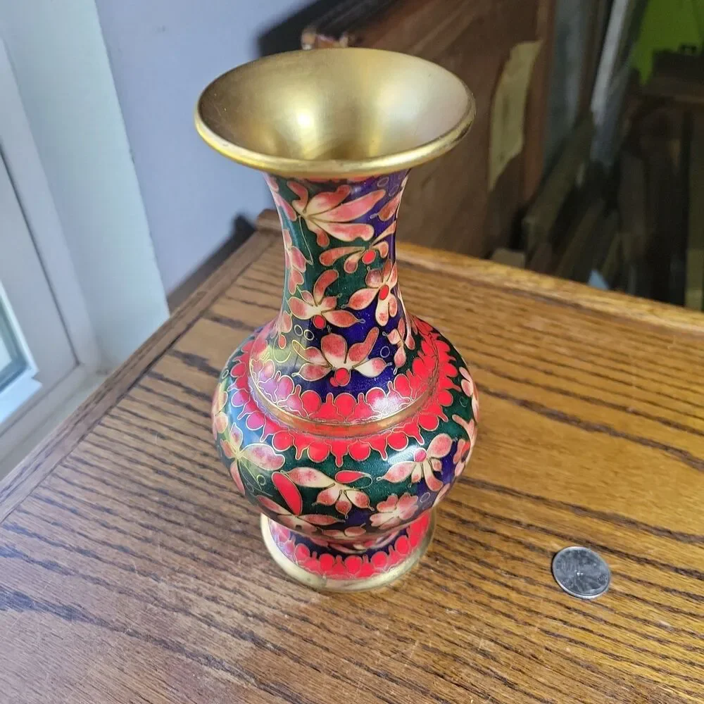 Vtg Chinese Cloisonne Enamel Vase Red Brass Floral Multicolor Flower Art 8